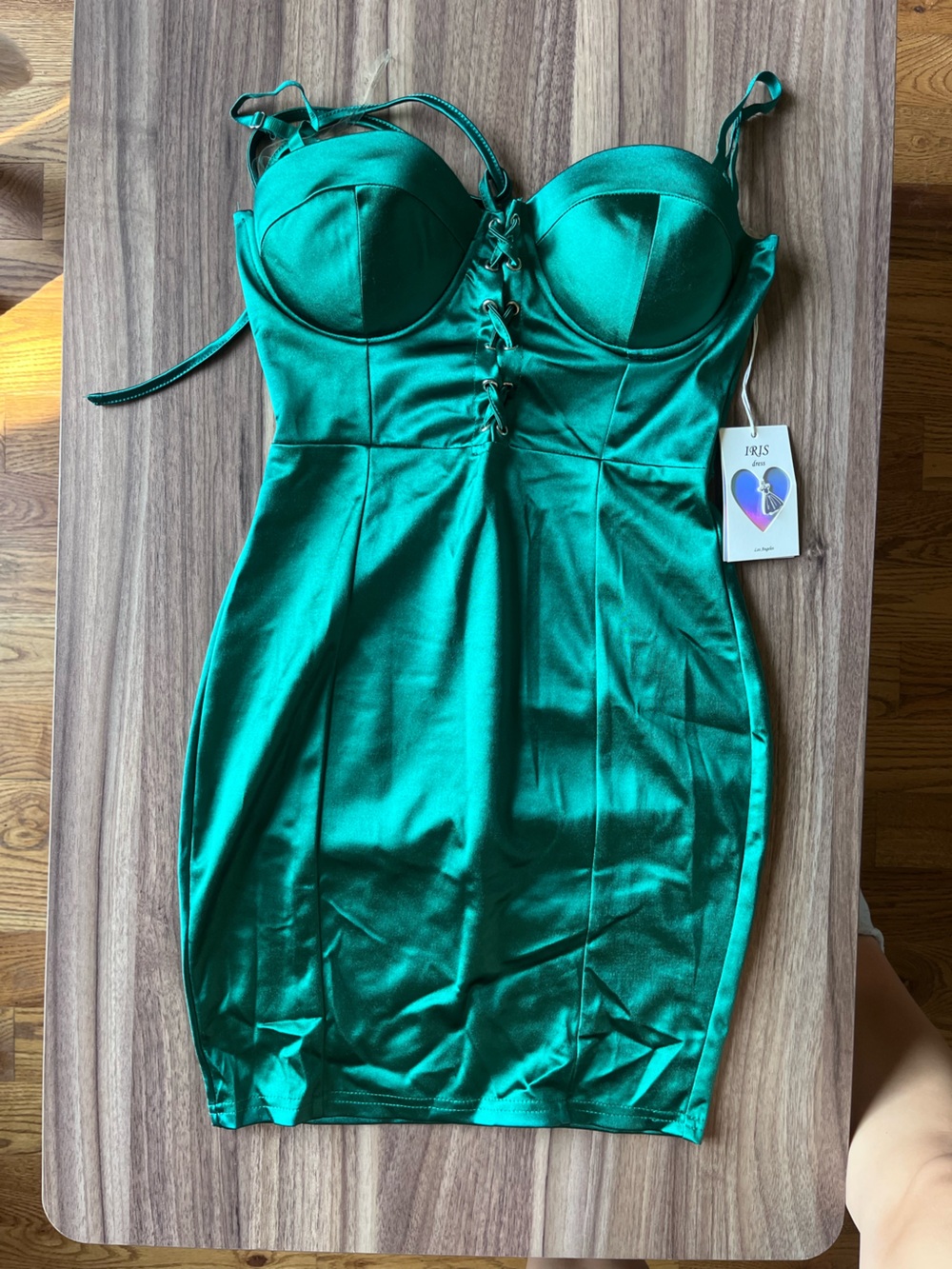 iris Emerald Green Satin Lace-Up Bust Slip Dress